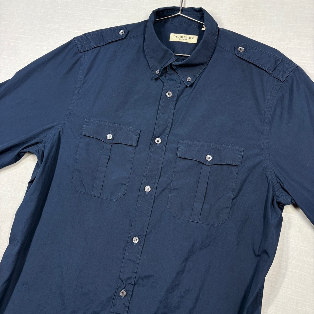 Burberry London‎ Shirt Men XL Navy Blue Tailored Fit Military Epaulettes